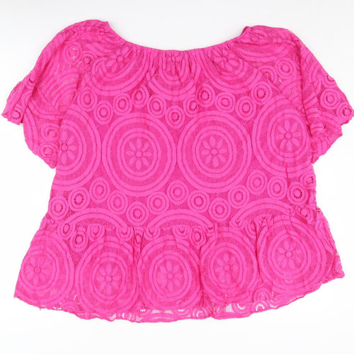 Mudflower Women's Pink Lace Blouse Short Sleeve
