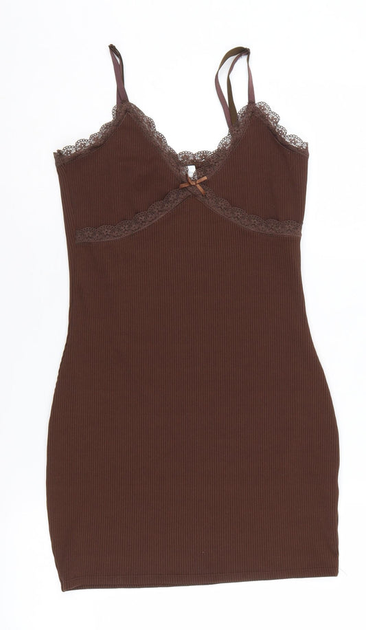 H&M Women's Brown Slip Dress, Size M, Lace Accents