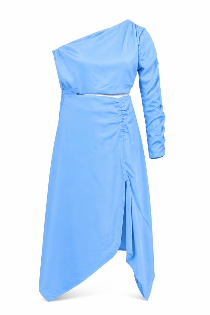 Front view of Stradivarius Women's Blue Asymmetric Party Dress M