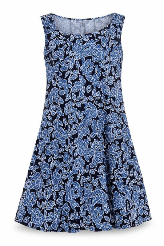 Front view of Perceptions Women's Blue Floral A-Line Dress UK 12