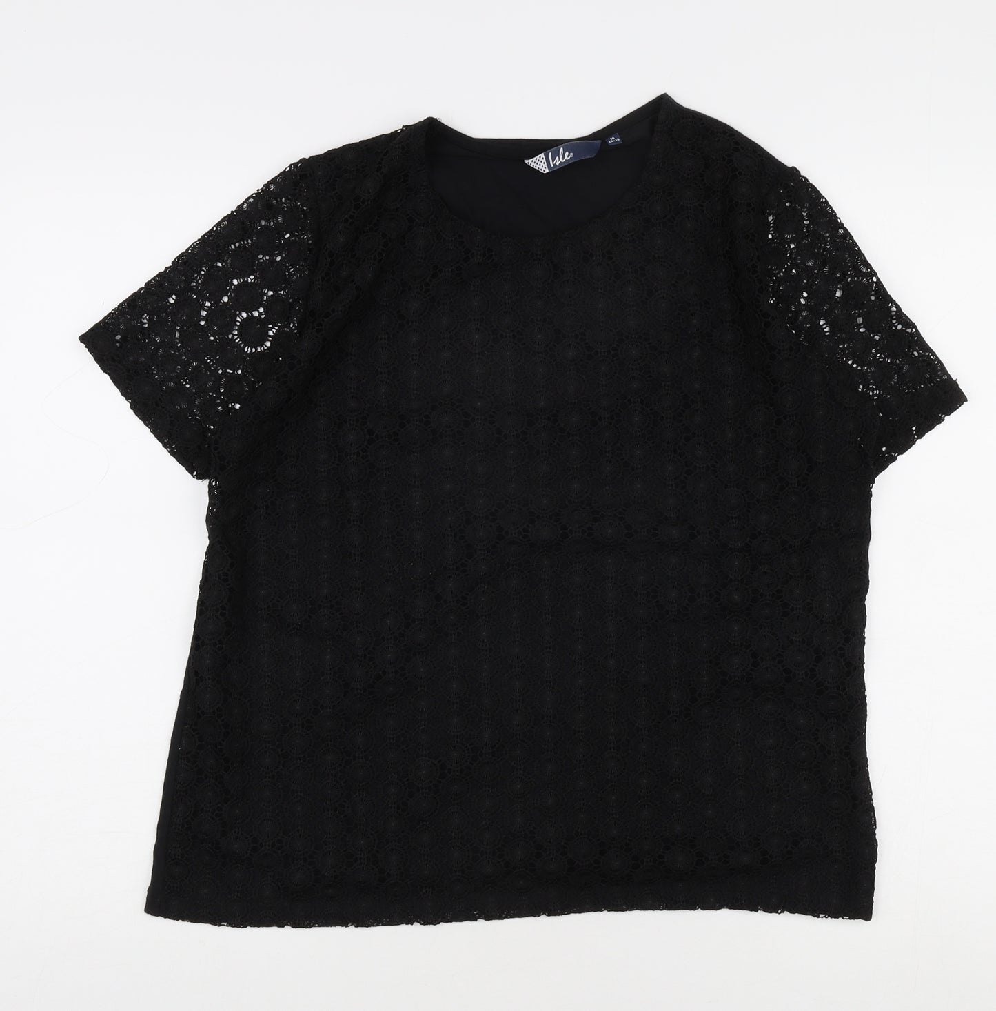 Isle Women's Black Lace Blouse, Size 14, Short Sleeve