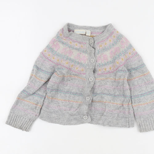 JoJo Maman Bébé Grey Fair Isle Knit Girls Cardigan 6-12 Months