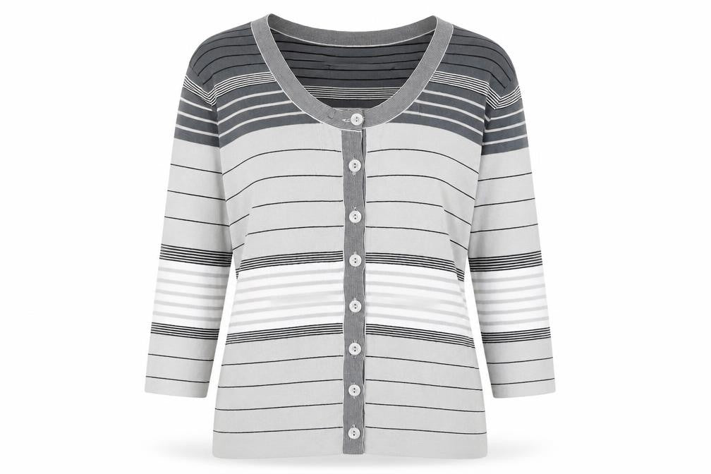 Front view of Vogue Women's Grey Cardigan M - Striped 3/4 Sleeve