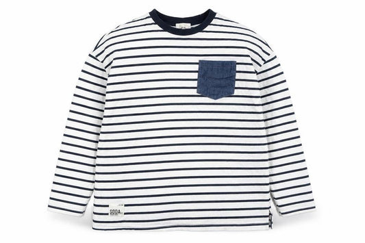 Front view of SODA Kids boys’ striped cotton t-shirt, white/black, 13-14y
