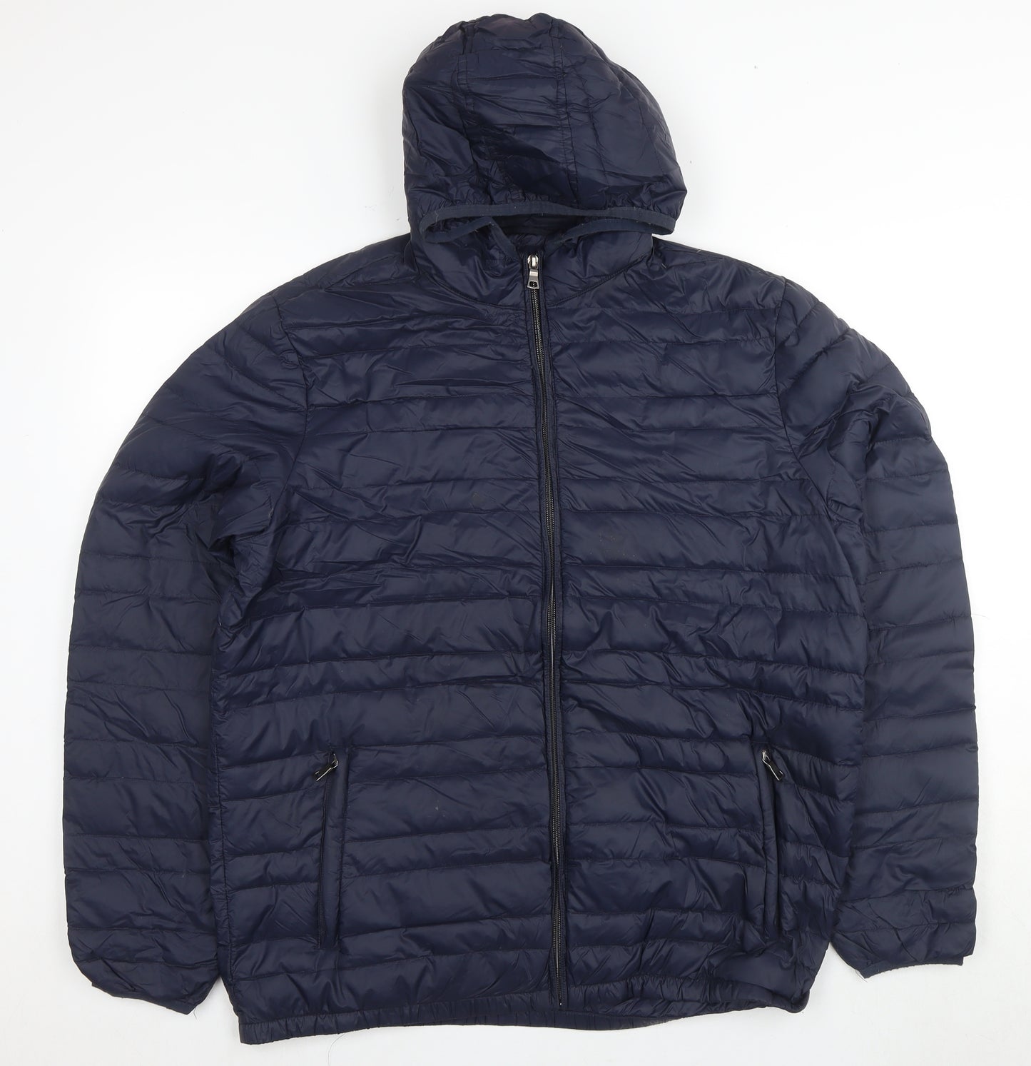 M&S Mens Blue Puffer Jacket L Hooded Lightweight