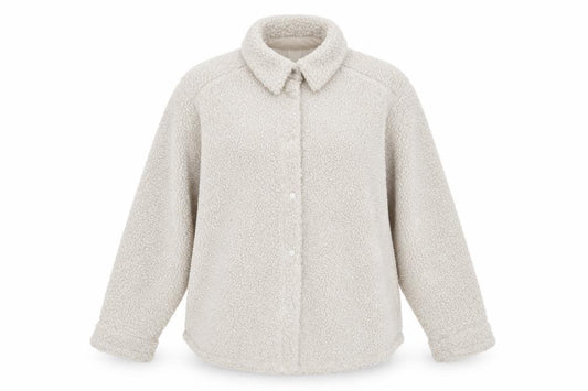 Front view of H&M Women's Beige Fleece Jacket M Button Casual