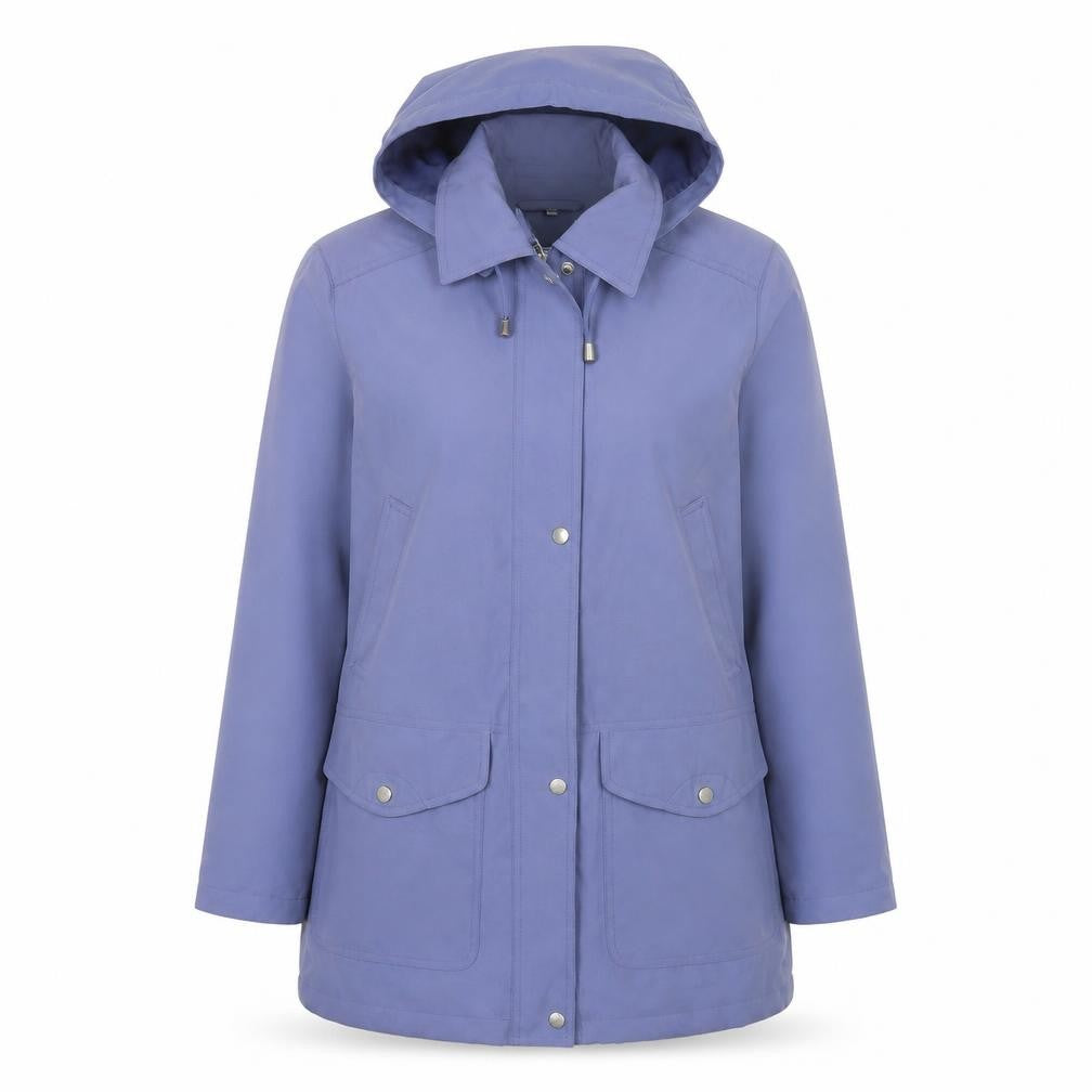Front view of Dannimac Women's Blue Parka Coat, size S, Hooded, Snap Closure