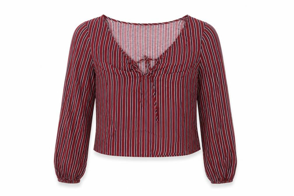 Front view of Hollister Women's Red Striped Cropped Blouse