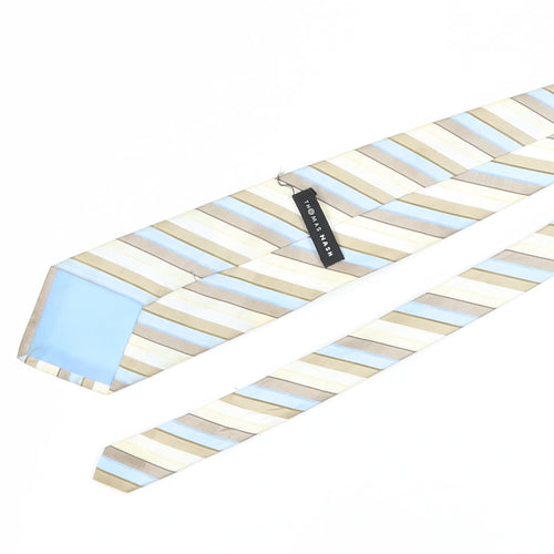 Thomas Nash Men's Beige Blue Striped Slim Tie