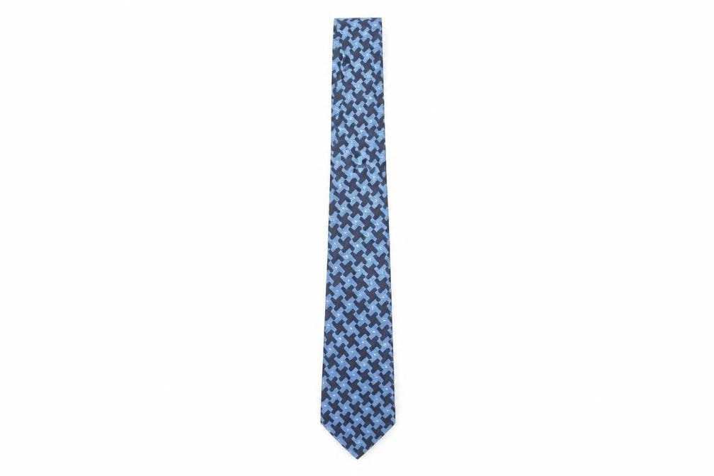 Front view of Kailong Men's Blue Silk Houndstooth Tie