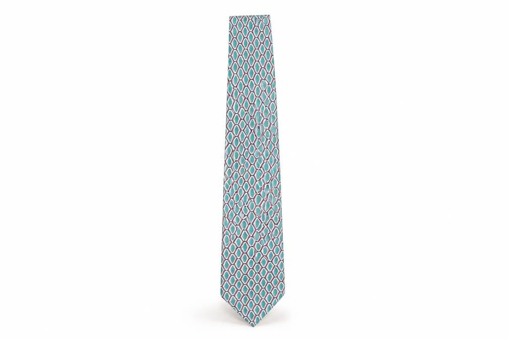 Front view of Sovrano Men's Geometric Green Silk Tie, One Size, Elegant Design