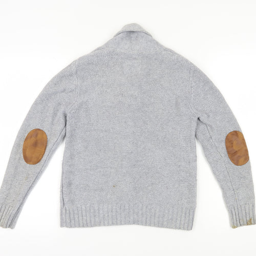 H&M Boys Grey Cardigan 11-12 Years Wool Blend Elbow Patches