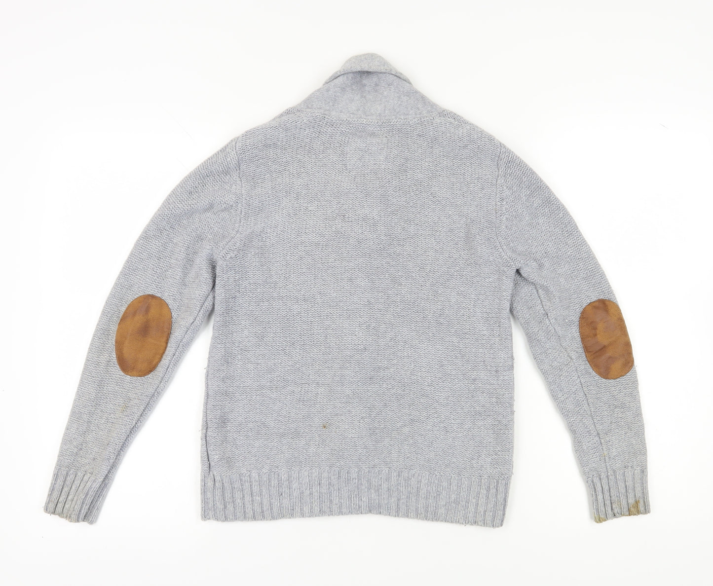 H&M Boys Grey Cardigan 11-12 Years Wool Blend Elbow Patches