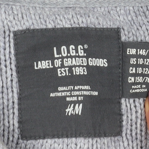 H&M Boys Grey Cardigan 11-12 Years Wool Blend Elbow Patches