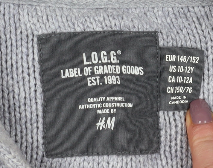 H&M Boys Grey Cardigan 11-12 Years Wool Blend Elbow Patches