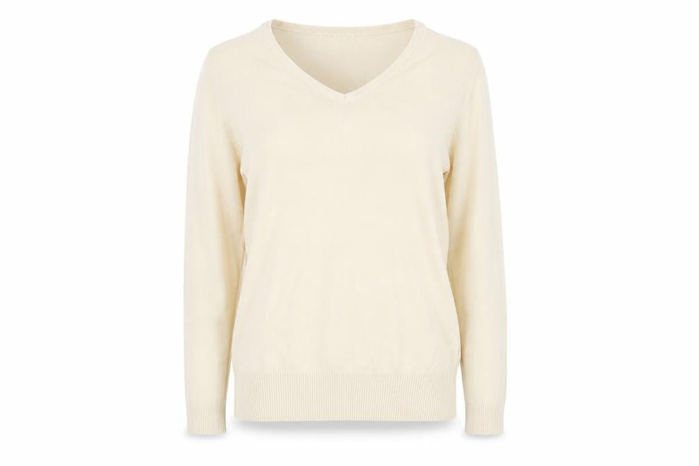 Front view of Bonprix Women’s Beige V-Neck jumper, size UK 12
