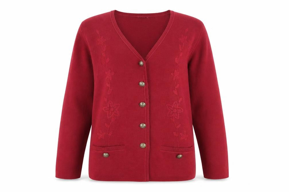 Front view of Eastex Women's Red V-Neck Cardigan, size 12