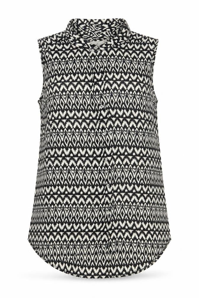 Front view of H&M Women Black Geometric Sleeveless Button-Up Top