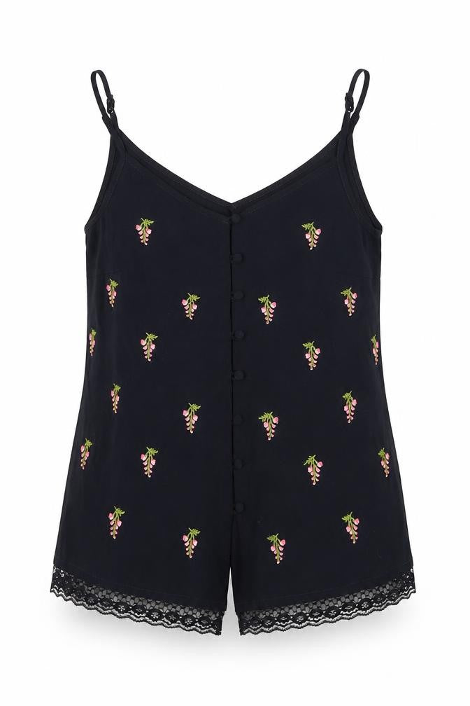 Front view of Warehouse Women's Black Camisole with Embroidery, size 10