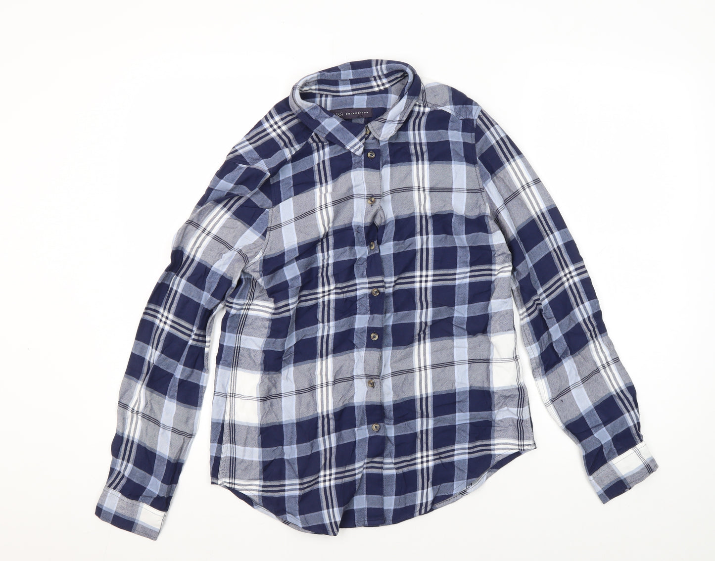 Marks & Spencer Women's Blue Plaid Button-Up Shirt Size 8