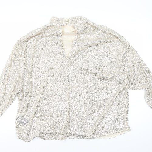 H&M Women's Silver Sequin Long Sleeve Blouse M
