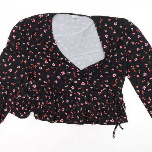 Oasis Women's Black Floral Wrap Blouse Size L