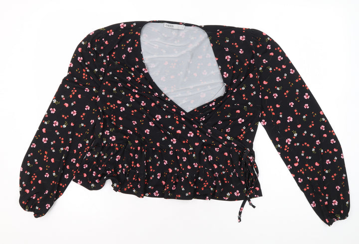 Oasis Women's Black Floral Wrap Blouse Size L