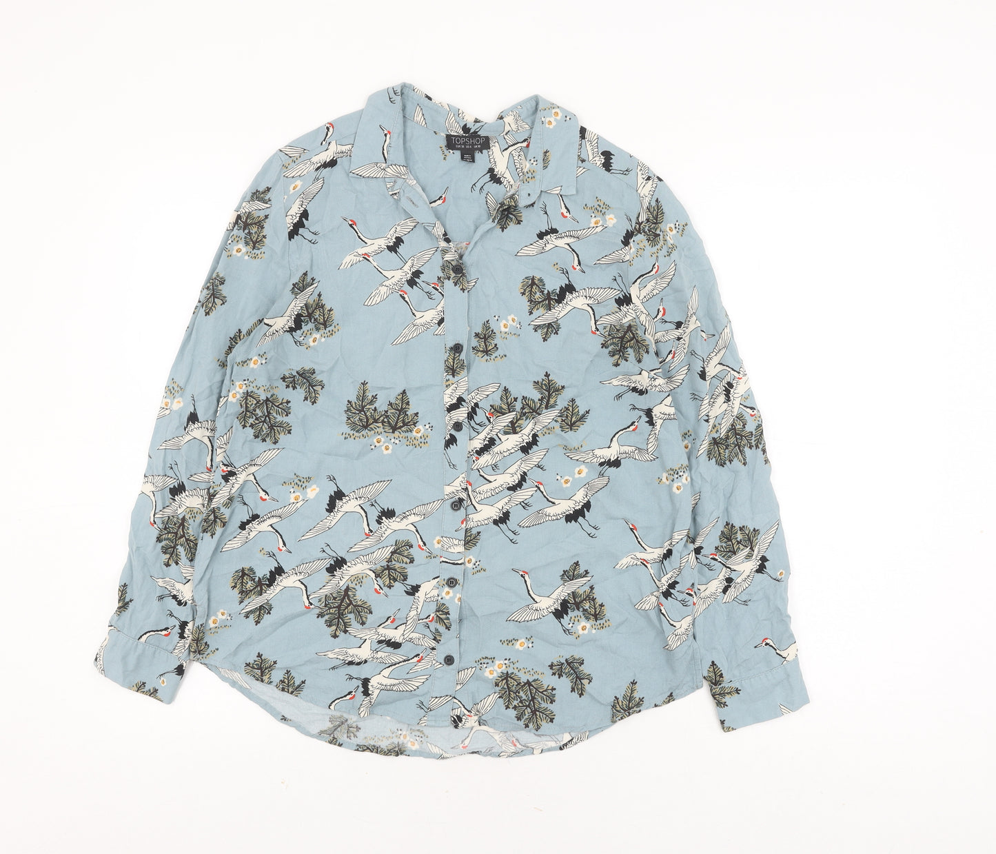 Topshop Women's Blue Crane Print Button-Up Shirt