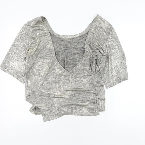 River Island Women Grey Cropped Blouse V-Neck Size 14
