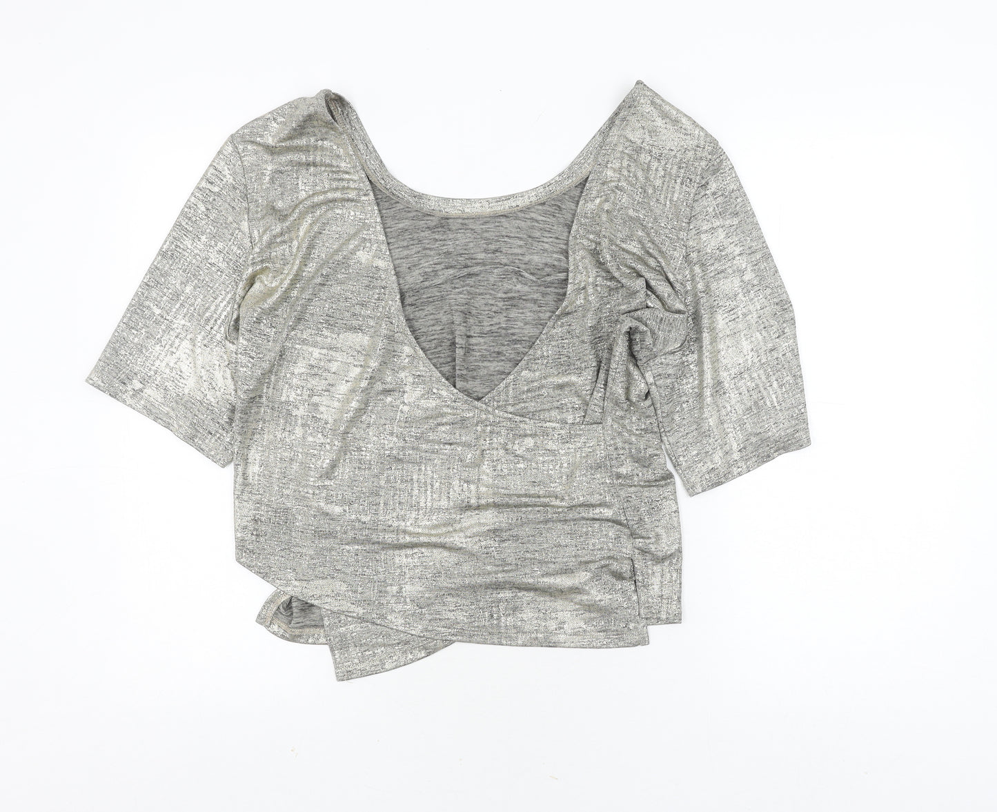 River Island Women Grey Cropped Blouse V-Neck Size 14