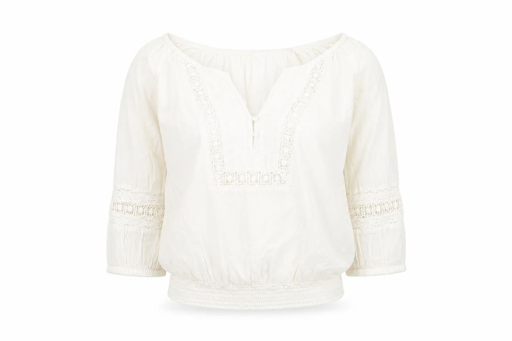 Front view of H&M Women's White Bohemian Blouse, size 6, 3/4 Sleeve