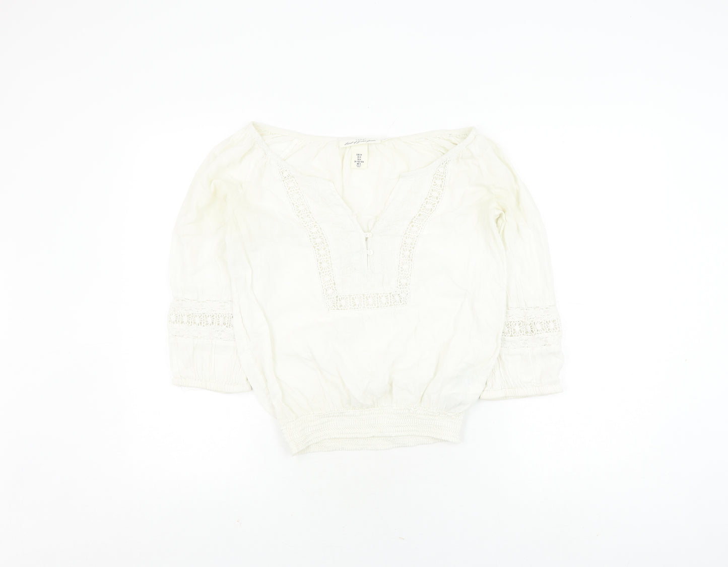 H&M Women's White Bohemian Blouse, Size 6, 3/4 Sleeve