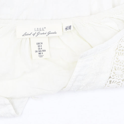 H&M Women's White Bohemian Blouse, Size 6, 3/4 Sleeve