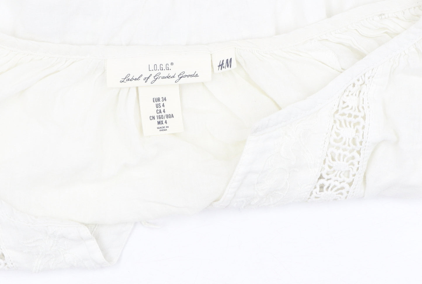 H&M Women's White Bohemian Blouse, Size 6, 3/4 Sleeve