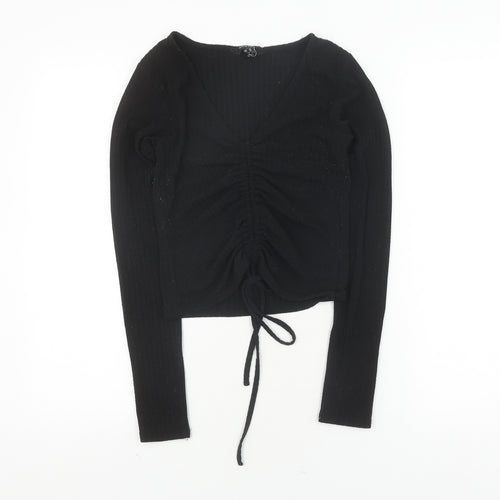 New Look Women's Black Cropped V-Neck Top, Size 10