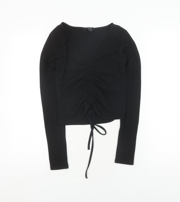 New Look Women's Black Cropped V-Neck Top, Size 10