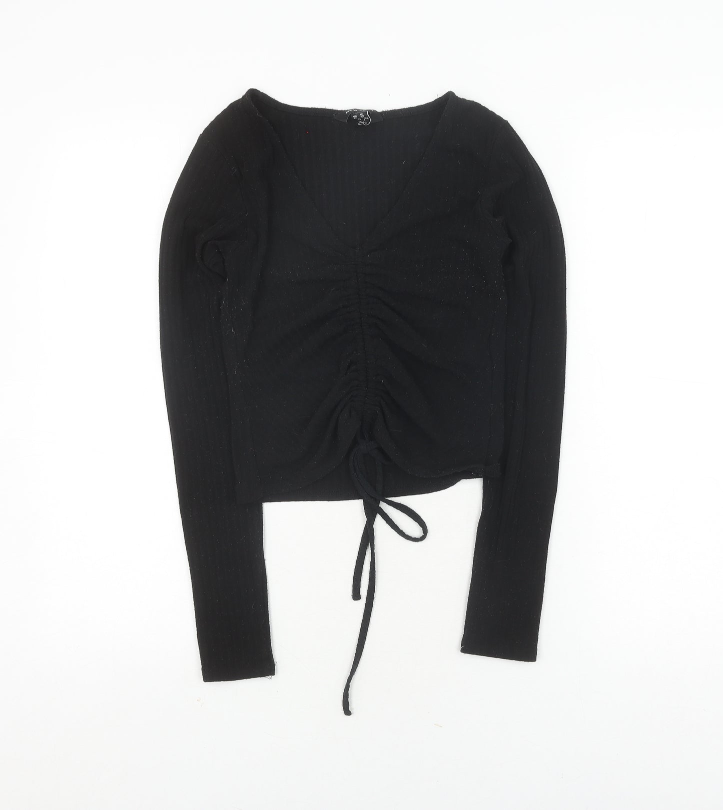 New Look Women's Black Cropped V-Neck Top, Size 10