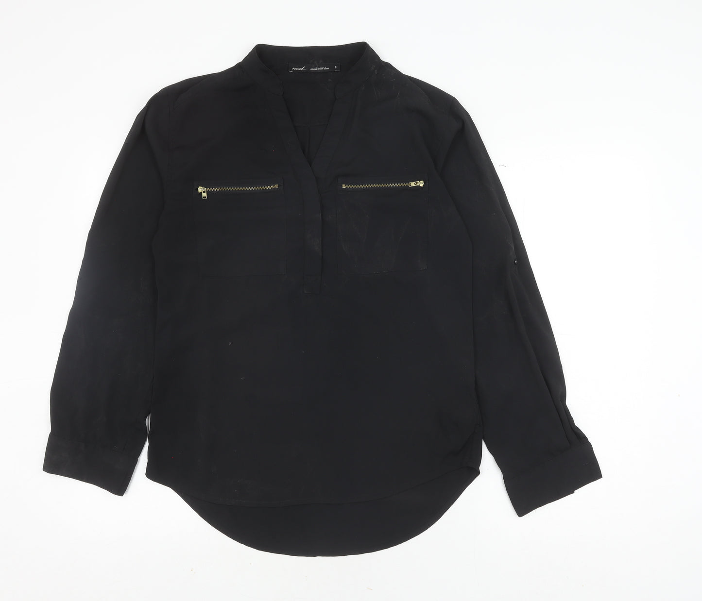 Next Women's Black Zip Accent V-Neck Blouse Size 8