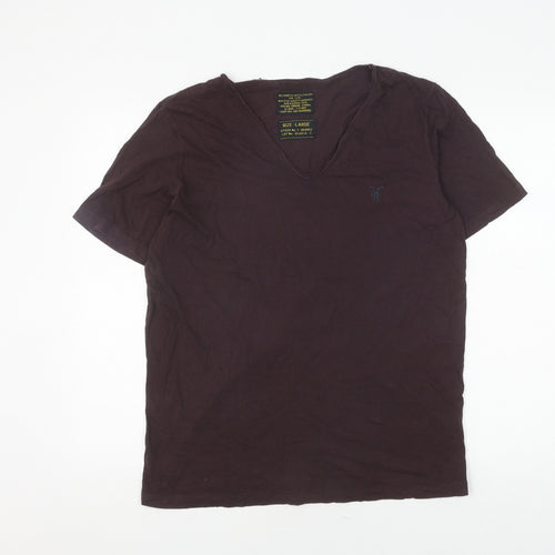 AllSaints Men's Brown V-Neck T-Shirt, Size L, Cotton