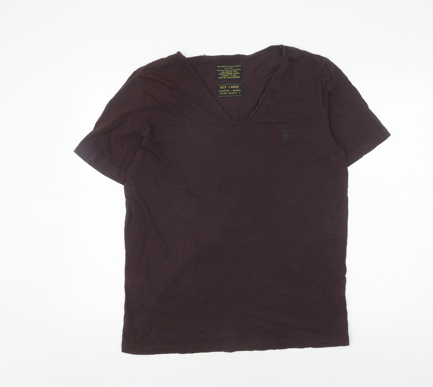 AllSaints Men's Brown V-Neck T-Shirt, Size L, Cotton