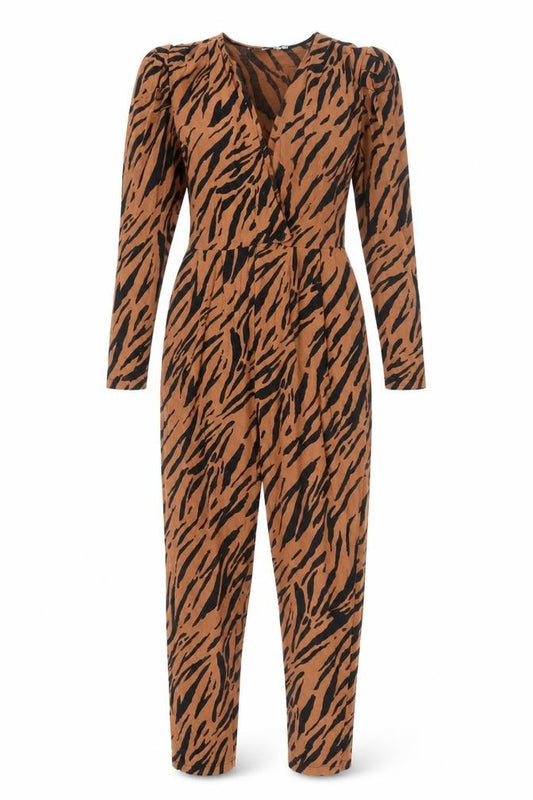 Front view of ASOS Design Brown Animal Print Jumpsuit, size 12, Viscose