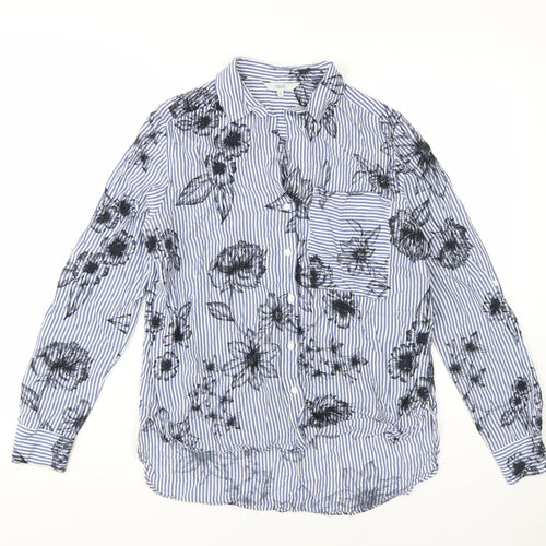 Next Women's Blue Floral Striped Button-Up Shirt, Size 10