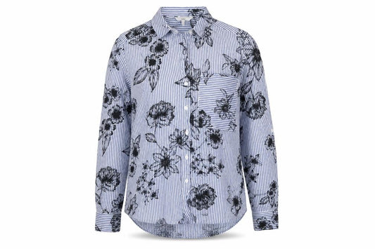 Front view of Next Women's Blue Floral Striped Button-Up Shirt, size 10