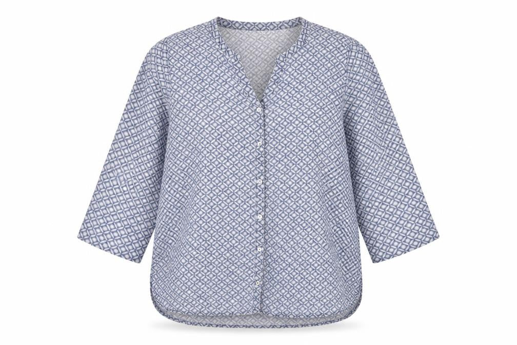 Front view of Adini Women's Blue Button-Up Shirt - Geometric, M