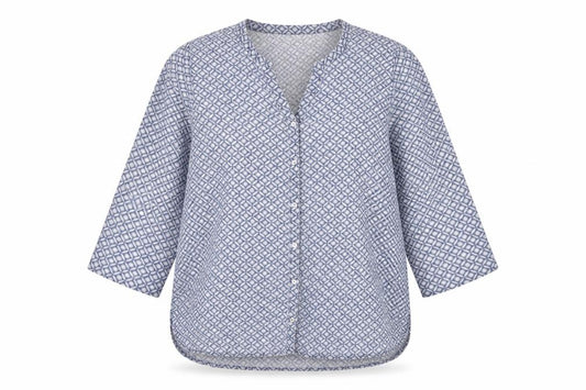 Front view of Adini Women's Blue Button-Up Shirt - Geometric, M