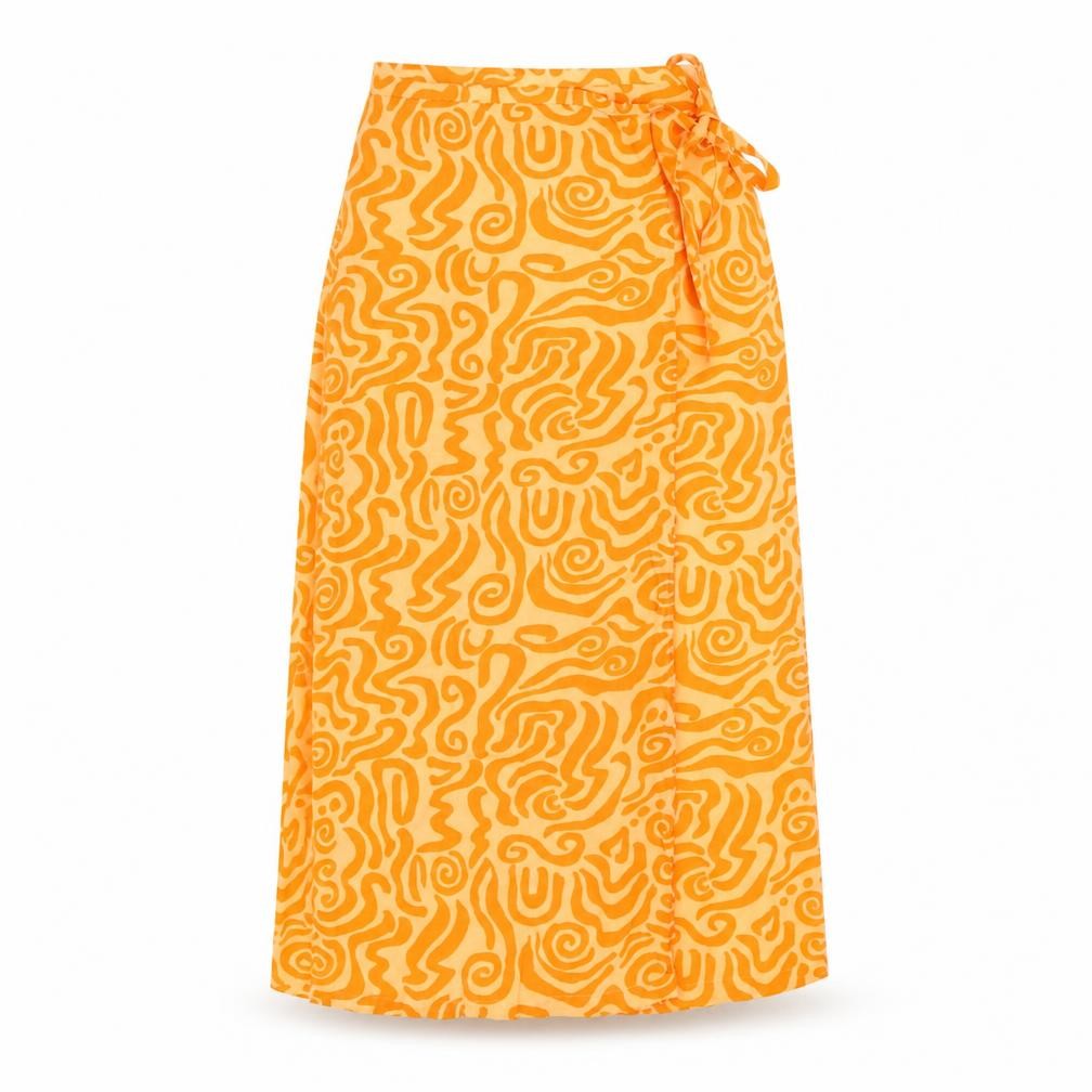 Front view of Monki Women's Orange Geometric Long Wrap Skirt
