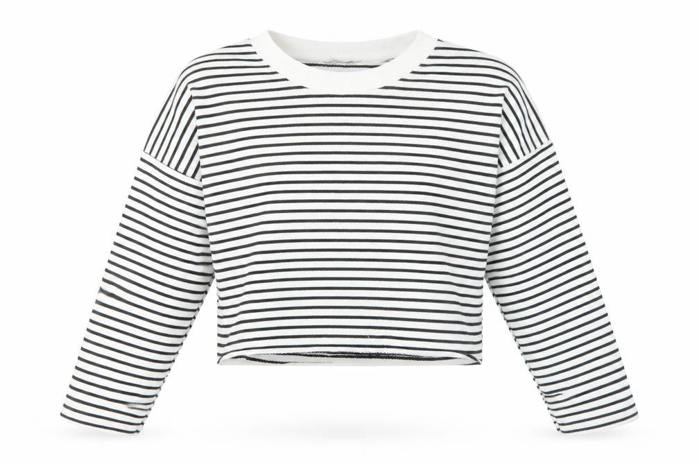 Front view of Boohoo Women’s White Striped Pullover Sweatshirt, size UK 8
