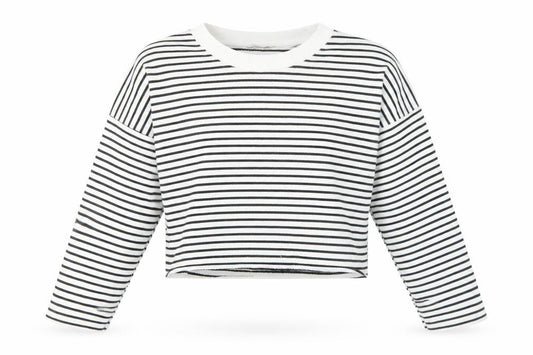 Front view of Boohoo Women’s White Striped Pullover Sweatshirt, size UK 8