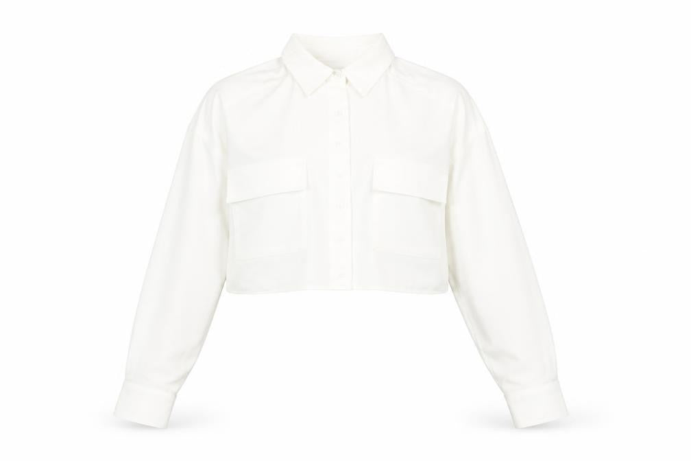 Front view of SLA The Label Women's White Cropped Button-Up Shirt
