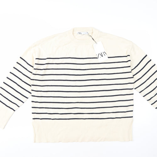 ZARA Women's Beige Striped Pullover Jumper - Size L